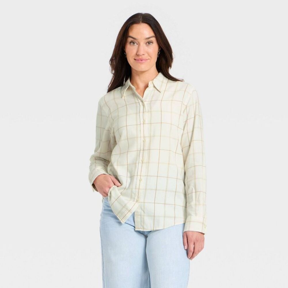 Women's Long Sleeve Collared Flannel Button-Down Shirt - Cream Plaid S
